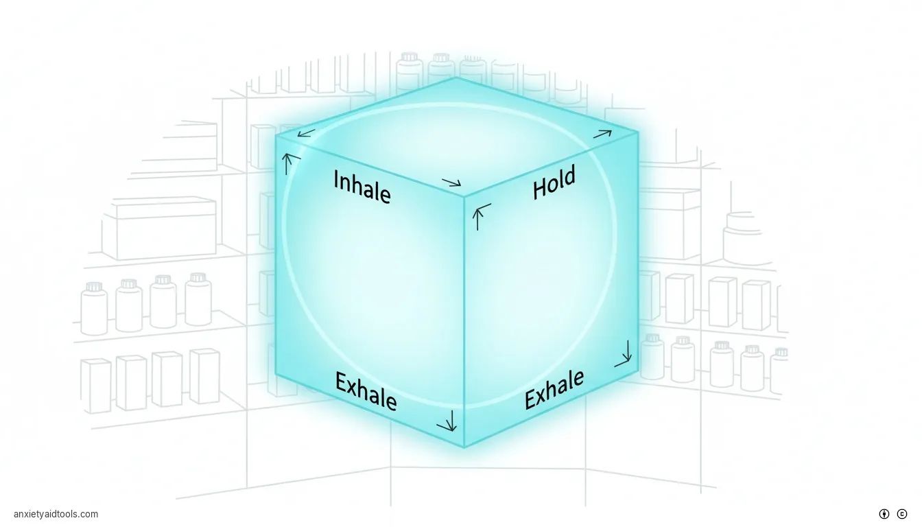 A glowing 3D square diagram showing the four stages of the box breathing cycle.
