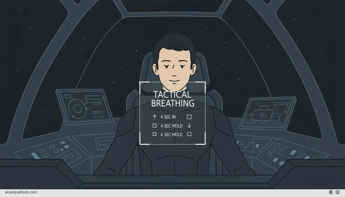 A person maintaining intense focus in a high-pressure environment with a tactical square overlay.