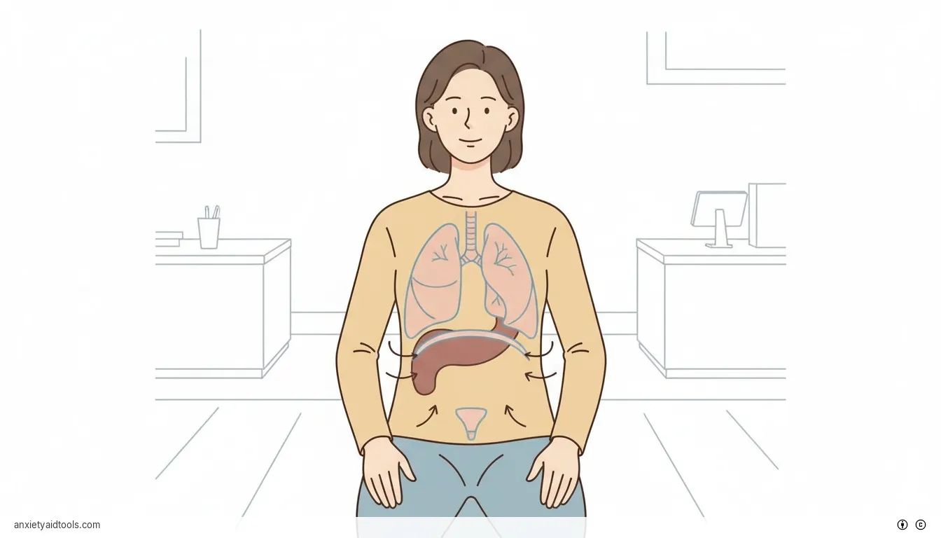 Instructional diagram showing relaxed shoulders and diaphragmatic belly breathing.
