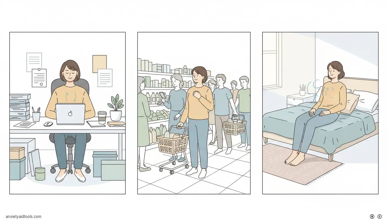 A collage of a person practicing box breathing at work, in a store, and at home.