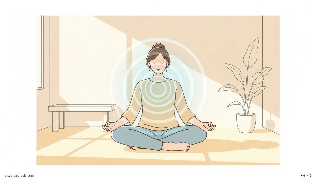 A person meditating in a sunlit room with a glowing ripple effect symbolizing mindfulness.