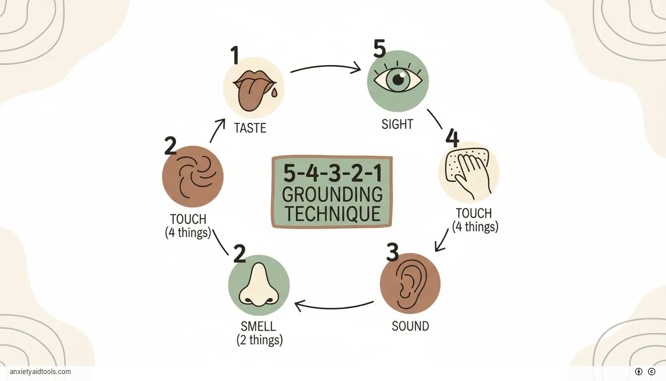 Minimalist icons representing the five senses used in the 5-4-3-2-1 grounding technique.