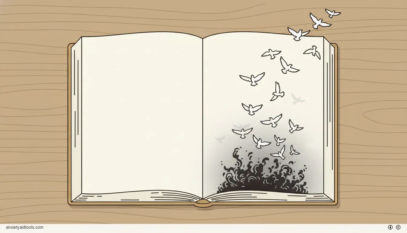 An open journal where dark ink transforms into white birds flying away.