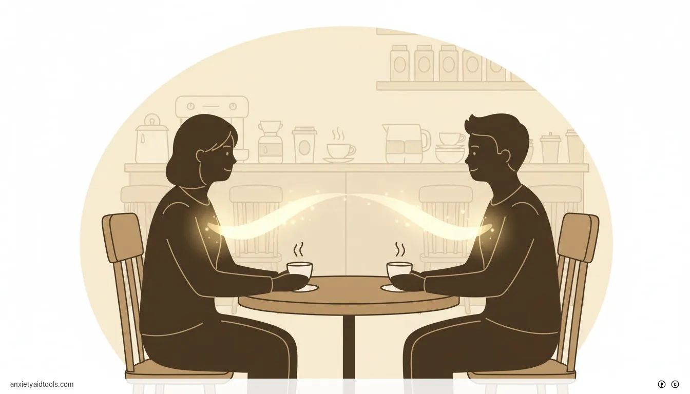 Two people talking in a cozy cafe with a golden light bridge connecting them.