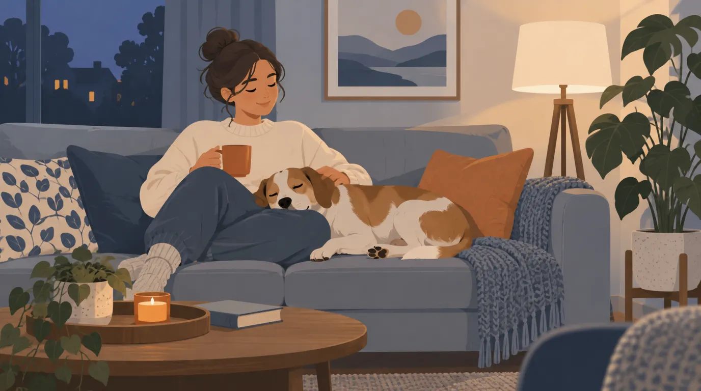 A person on a sofa in the evening with one hand resting on a sleeping dog, a mug in the other hand.
