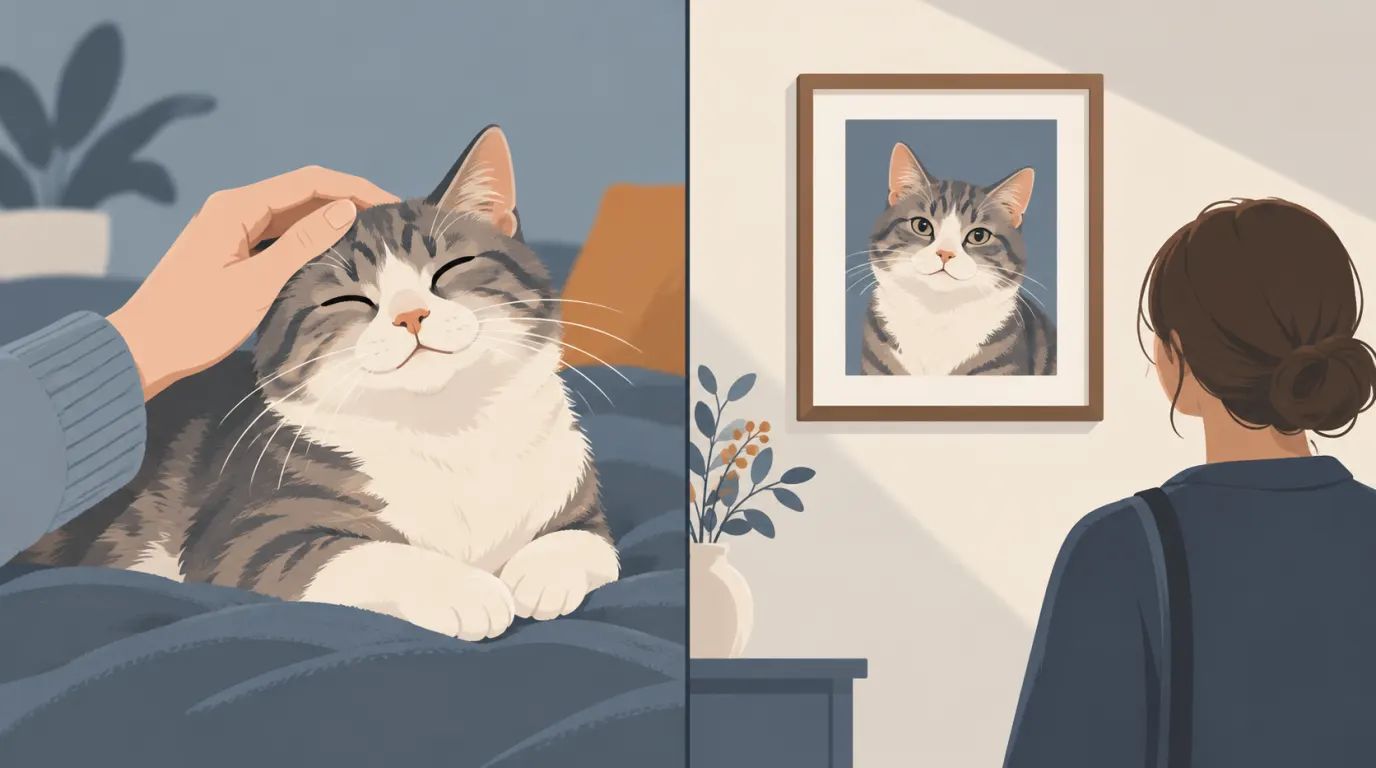 Split illustration: a hand stroking a cat on the left, a person looking at a framed picture of the same cat on the right.