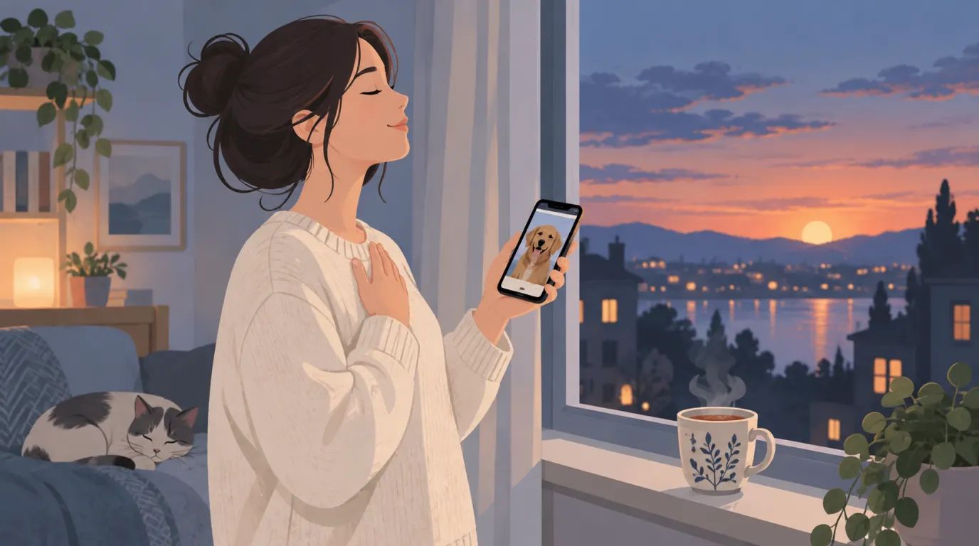 A person at a window at dusk, one hand on their chest, holding a phone with a photo of a dog.