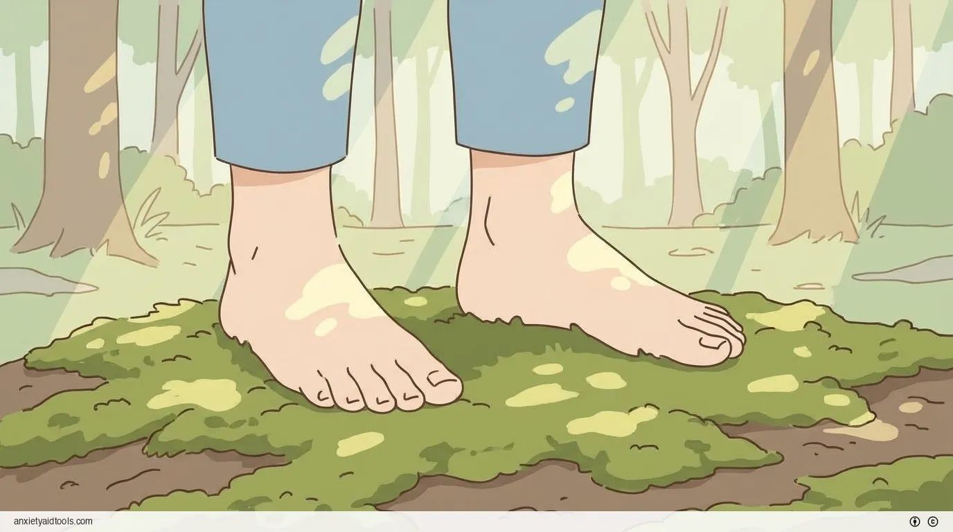 Bare feet on mossy forest floor, dappled sunlight.