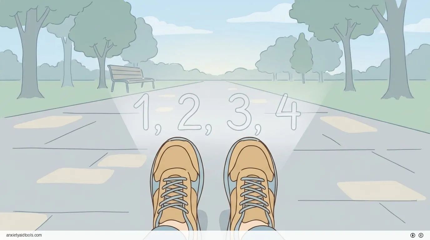 Walking shoes on path. Numbers count steps.