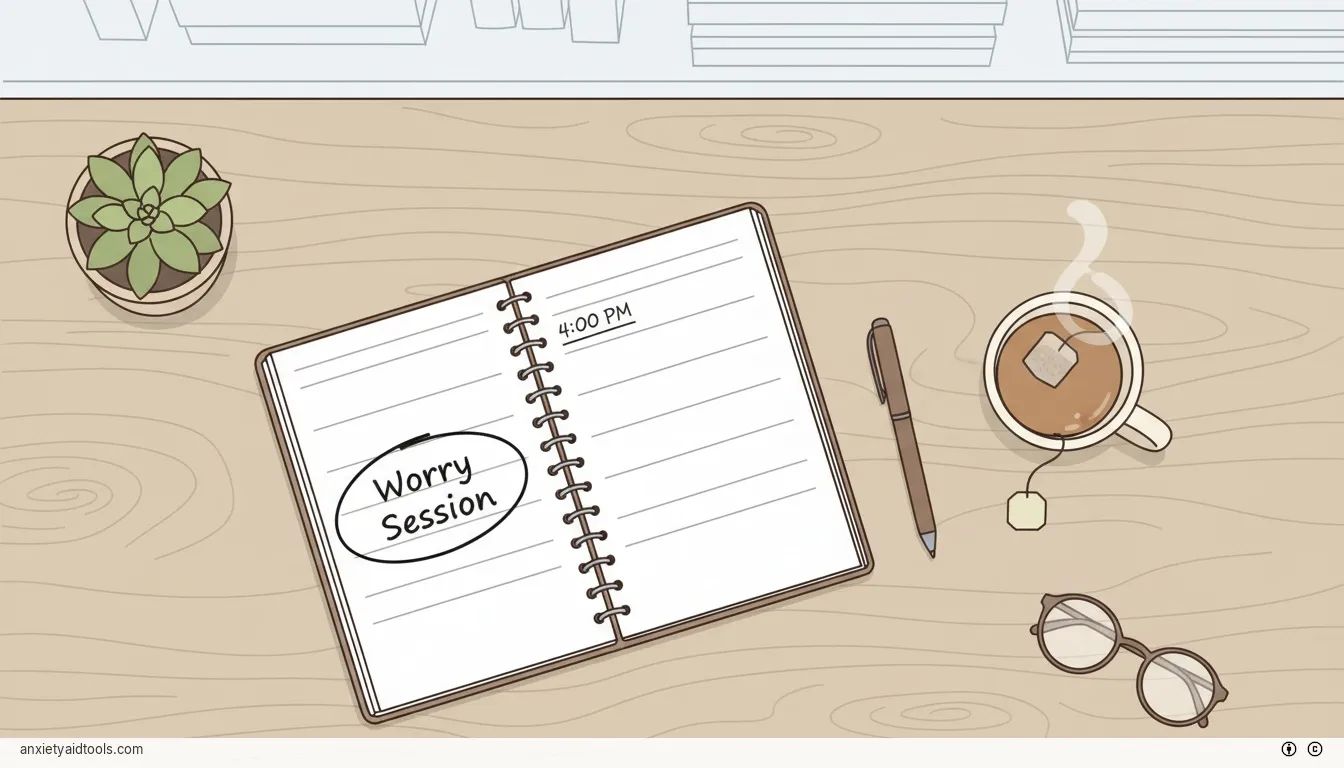 A daily planner on a desk with a 15-minute worry session scheduled for 4:00 PM.