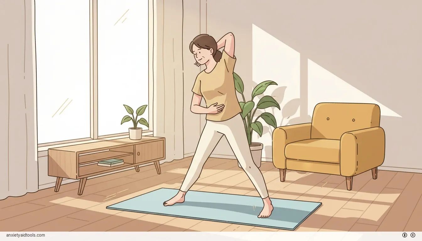 A person practicing gentle yoga in a sunlit living room to relieve stress.