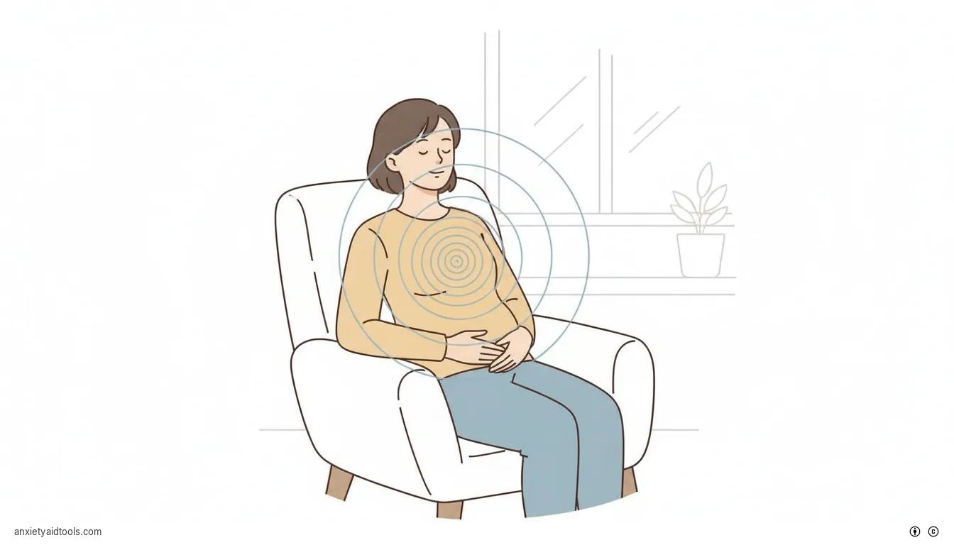 Minimalist art of a person practicing deep belly breathing in a comfortable chair.