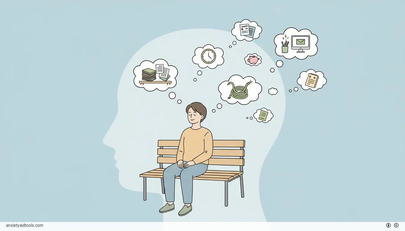 An illustration of a person watching their thoughts float by like clouds in the sky.