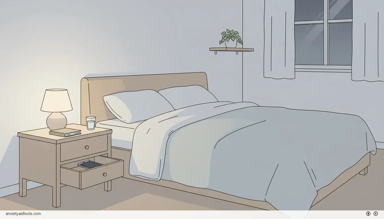 A peaceful, screen-free bedroom setting with a book and warm lighting on a nightstand.
