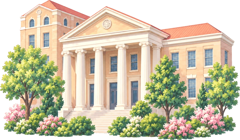 Illustration of a university building surrounded by trees