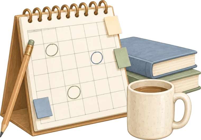 Illustration of a desk calendar with sticky notes, a pencil, books and a mug