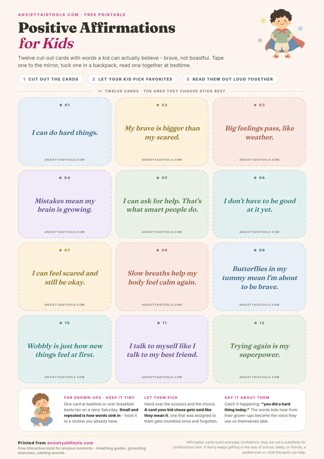 Printable positive affirmations for kids sheet with twelve pastel cut-out cards in a grid, each with a dashed cutting line and one short kid-voice affirmation, plus a strip of tips for grown-ups.