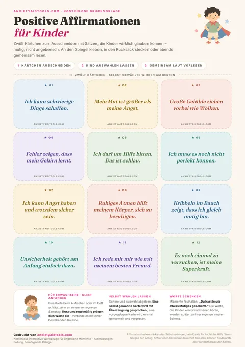 Druckbare Affirmationen für Kinder mit zwölf bunten Kärtchen zum Ausschneiden, Schneidelinien und Begleit-Tipps für Erwachsene