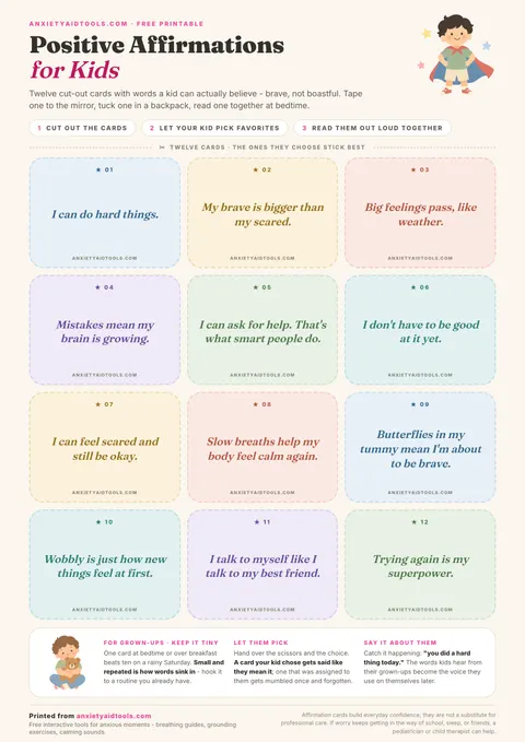 Printable positive affirmations for kids sheet with twelve pastel cut-out cards in a grid, each with a dashed cutting line and one short kid-voice affirmation, plus a strip of tips for grown-ups.