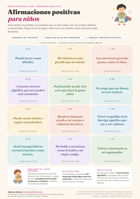 Hoja de afirmaciones para niños con doce tarjetas de colores suaves con esquinas redondeadas y frases breves, más una franja con consejos para adultos.