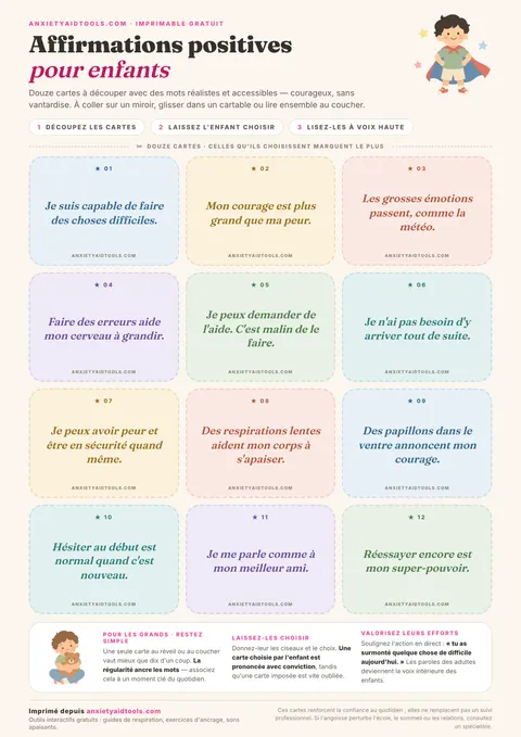 Fiche mémo d'affirmations positives pour enfants avec 12 cartes illustrées à découper et guide d'accompagnement pour les parents
