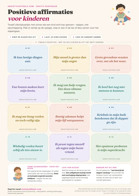 Printbare affirmaties voor kinderen met twaalf pastelkleurige uitknipkaartjes met stippellijnen, korte affirmaties en tips voor ouders en leerkrachten.