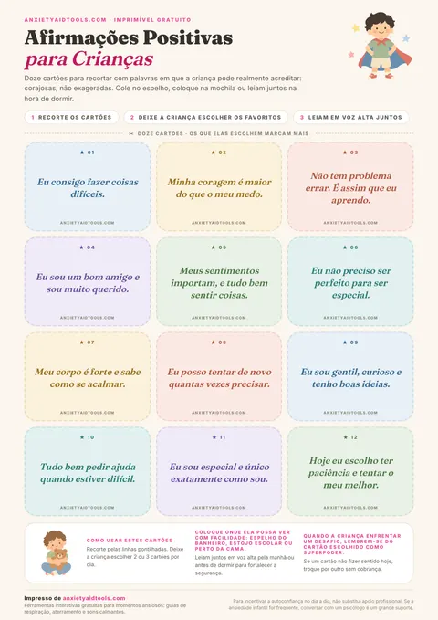 Guia rápido de afirmações para crianças com frases curtas de coragem, calma, pertencimento e resiliência ilustradas em formato amigável