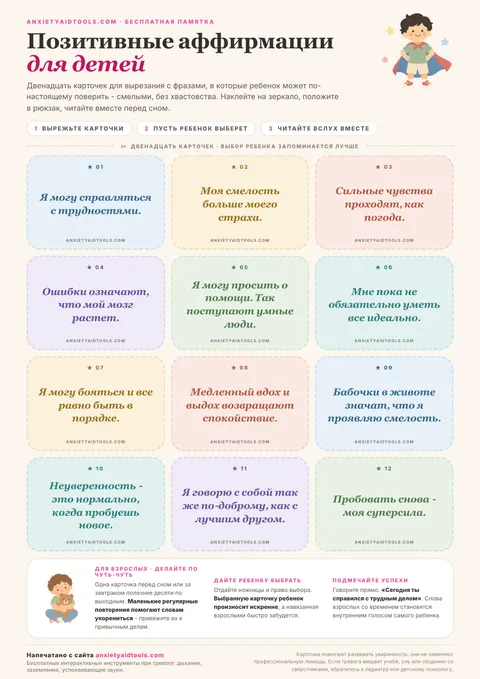 Шпаргалка с аффирмациями для детей из двенадцати карточек с фразами о смелости, преодолении трудностей и дыхании, плюс рекомендации для родителей.