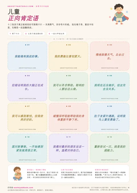 儿童正向肯定语速查表，包含网格排列的12张柔和色调剪裁卡片，每张带有虚线边框和儿童口吻肯定语，底部附带家长贴士栏。