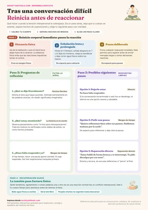 Guía tras una conversación difícil con tres pasos inmediatos de reinicio, tres preguntas de reflexión, tres opciones de respuesta y pautas de recuperación.