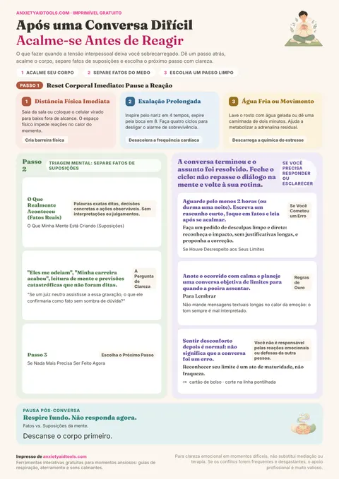Guia rápido pós-conversa difícil com quatro etapas: descompressão física, pausa mental, separação de fatos e sentimentos, e plano de cuidado