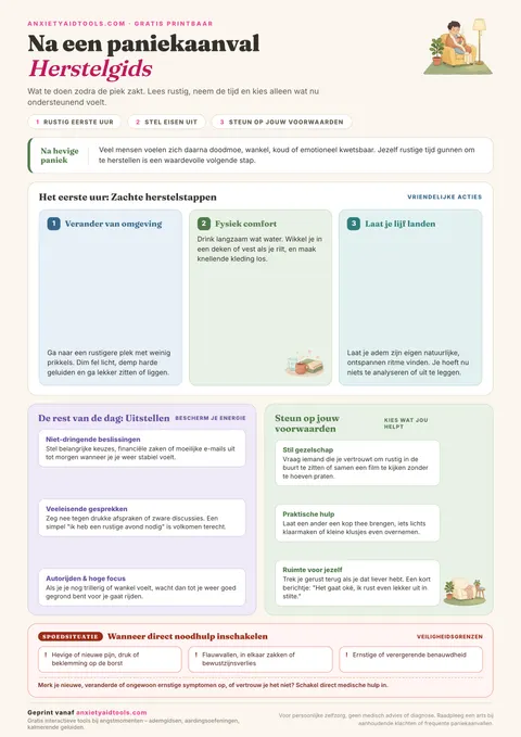 Spiekbrief na een paniekaanval met drie stappen voor het eerste uur, drie uitsteltips voor de rest van de dag, steunvoorkeuren en medische richtlijnen.