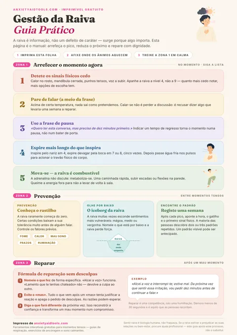 Guia rápido de gestão da raiva com termômetro emocional, técnicas de resfriamento físico, checagem de pensamentos e roteiro de assertividade