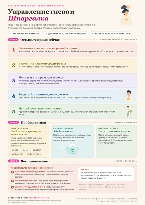 Шпаргалка по управлению гневом с тремя зонами: экстренное охлаждение, профилактика и айсберг гнева, а также формула извинения.