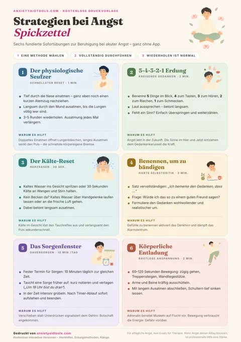 Spickzettel gegen Angst mit sechs illustrierten Techniken: Physiologischer Seufzer, 5-4-3-2-1 Erdung, Kälte-Reset, Benennen um zu bändigen, Sorgenfenster und Bewegung