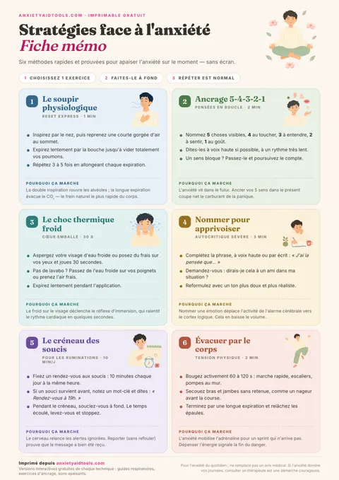Fiche mémo des stratégies d'adaptation pour l'anxiété avec six techniques illustrées : soupir physiologique, ancrage 5-4-3-2-1, réinitialisation par le froid, nommer pour apprivoiser, fenêtre de souci et mouvement