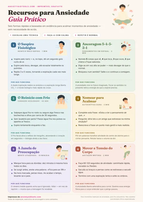 Guia rápido de habilidades para ansiedade com seis técnicas ilustradas: suspiro fisiológico, técnica 5-4-3-2-1, reset com frio, nomear pensamentos, janela de preocupação e movimento corporal