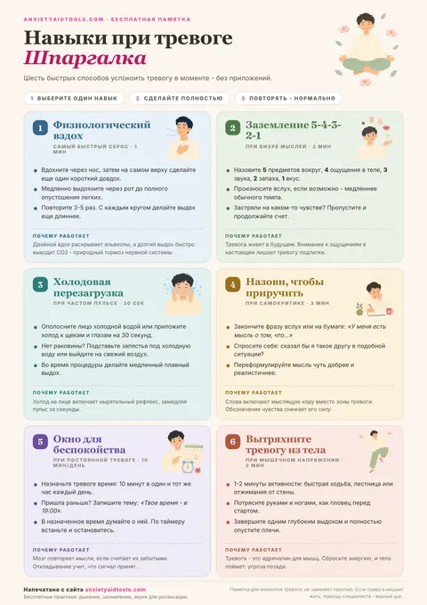 Шпаргалка с навыками совладания с тревогой: физиологический вздох, заземление 5-4-3-2-1, холод, маркировка мыслей, окно беспокойства и движение.