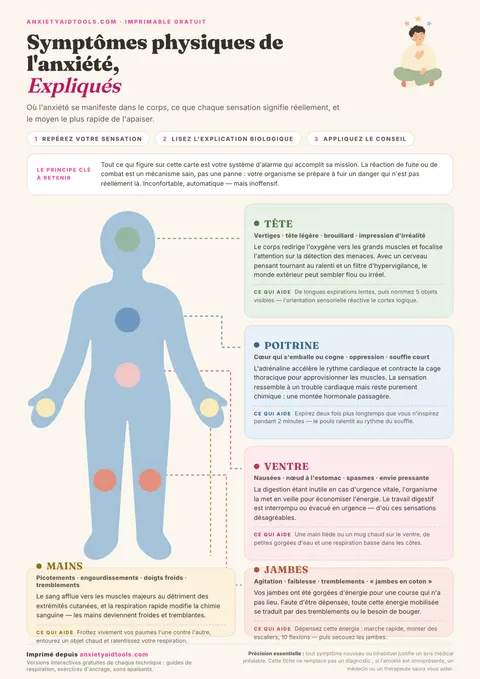 Fiche mémo expliquant les symptômes physiques de l'anxiété avec schéma du corps, rôle de l'adrénaline et explications biologiques