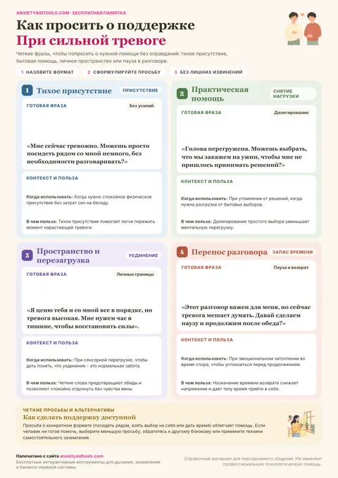 Шпаргалка с готовыми фразами для просьбы о поддержке при тревоге по четырем направлениям: присутствие, быт, уединение и перенос разговора.