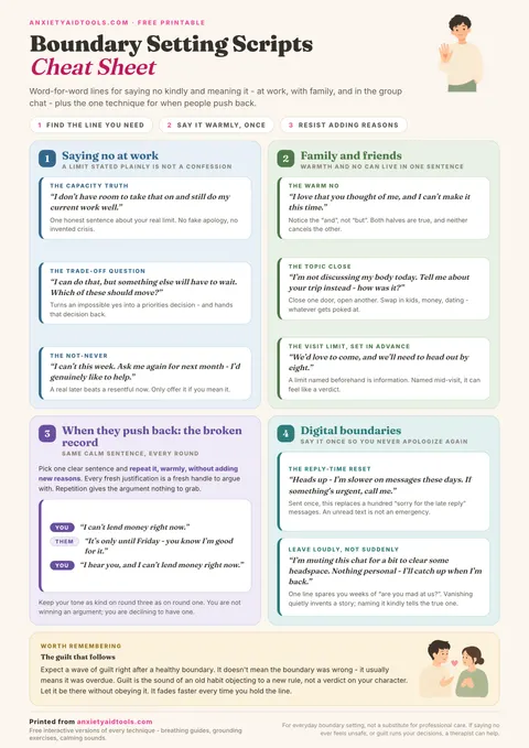 Boundary setting scripts cheat sheet with quote cards in four pastel groups: saying no at work, family and friends, the broken record technique with a sample exchange, and digital boundaries, plus a note about guilt after healthy boundaries