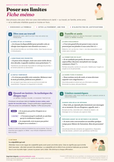 Fiche mémo pour poser ses limites avec répliques catégorisées : travail, famille, relations personnelles et gestion de l'insistance