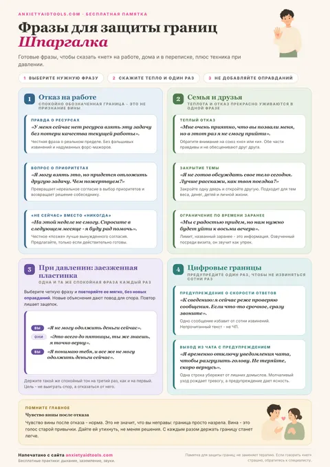 Шпаргалка с фразами для защиты личных границ: работа, семья, техника заезженной пластинки, цифровые границы и работа с виной.