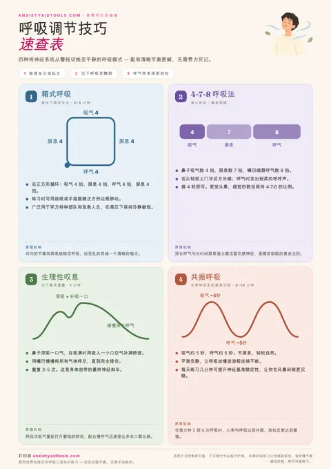 呼吸调节技巧速查表，包含箱式呼吸、4-7-8 呼吸、生理性叹息和共振呼吸四种图解技巧
