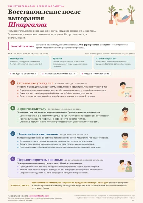 Шпаргалка по восстановлению при выгорании с честным вступлением об энергетическом долге, тремя признаками выгорания и четырехэтапной лестницей восстановления