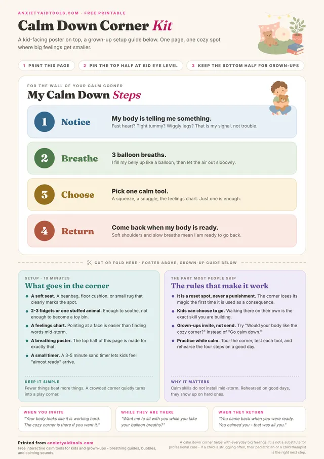Calm down corner kit printable with a kid-facing poster showing four numbered calm down steps in pastel bands, a dashed cut line, and two grown-up cards listing corner supplies and ground rules