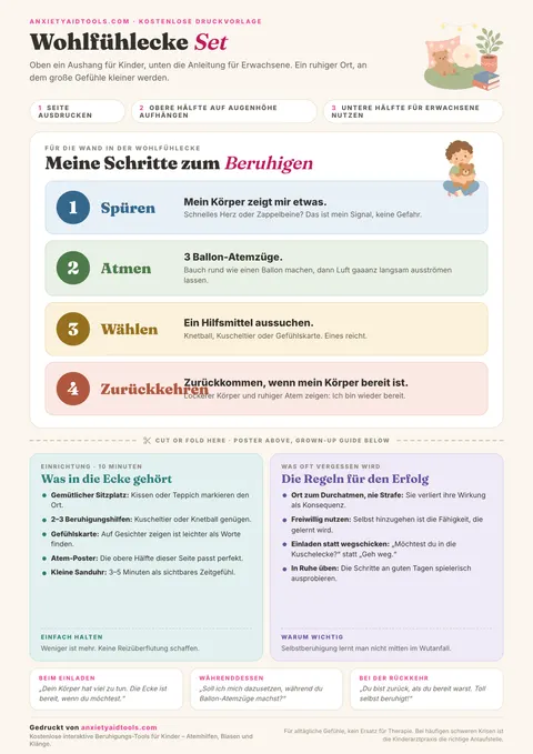 Wohlfühlecke Druckvorlage mit 4-Schritte-Poster oben (Spüren, Atmen, Wählen, Zurückkehren), Trennlinie und Leitfaden für Erwachsene unten mit Ausstattungsliste und Gesprächsimpulsen