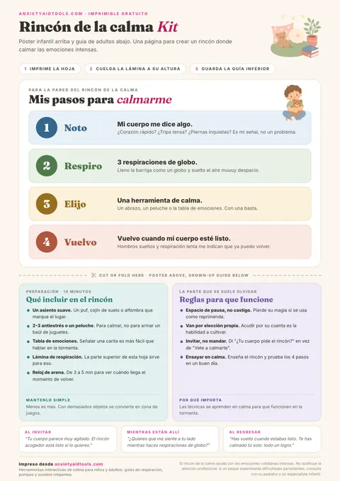 Kit para el rincón de la calma con póster infantil de cuatro pasos numerados en franjas de color, línea de corte y dos tarjetas para adultos con materiales y reglas básicas.