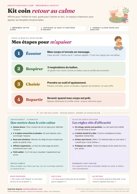 Fiche mémo pour le coin retour au calme avec matériel sensoriel, étapes d'autorégulation et règles d'utilisation bienveillante