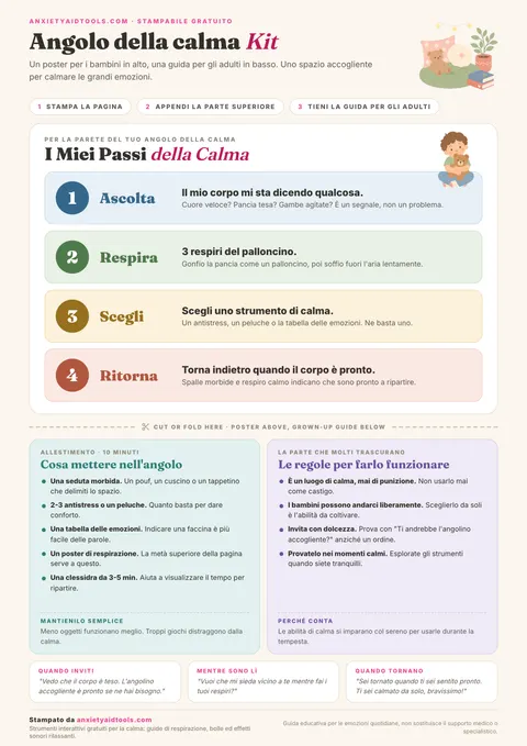 Kit stampabile per l'angolo della calma con un poster per bambini con quattro passi in fasce pastello, una linea di taglio e due schede per adulti con materiali e regole di base
